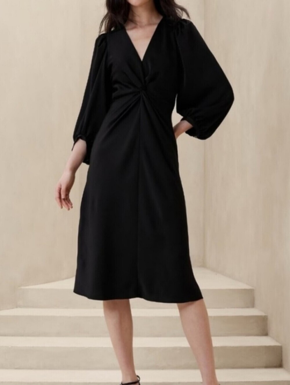 Banana Republic Factory Twist Front Midi Dress Black Capsule Wardrobe 10